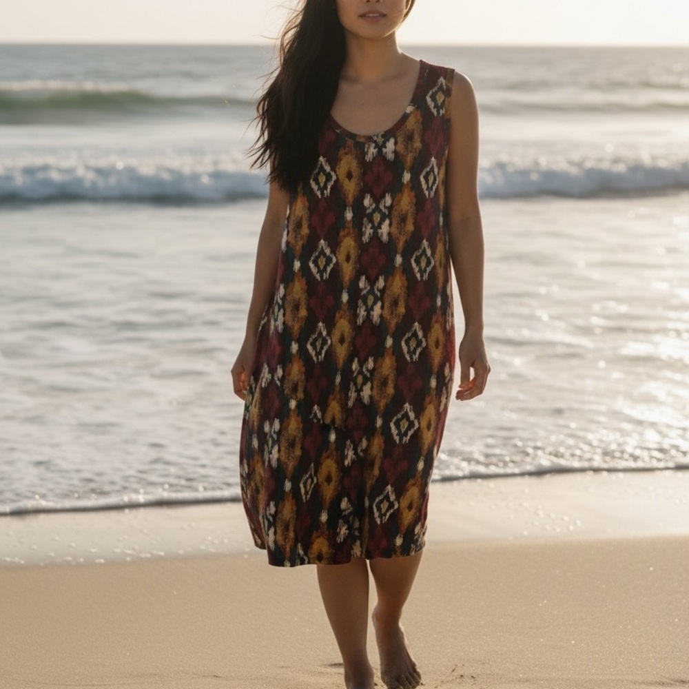 Soft Surroundings Burgundy Mustard Sleeveless Ikat Tribal Print Midi Dress